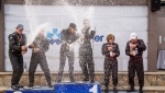 Older chaps sometimes have difficulty spraying on cue... Congratulations Brian and Linda Dermott on your podium!
