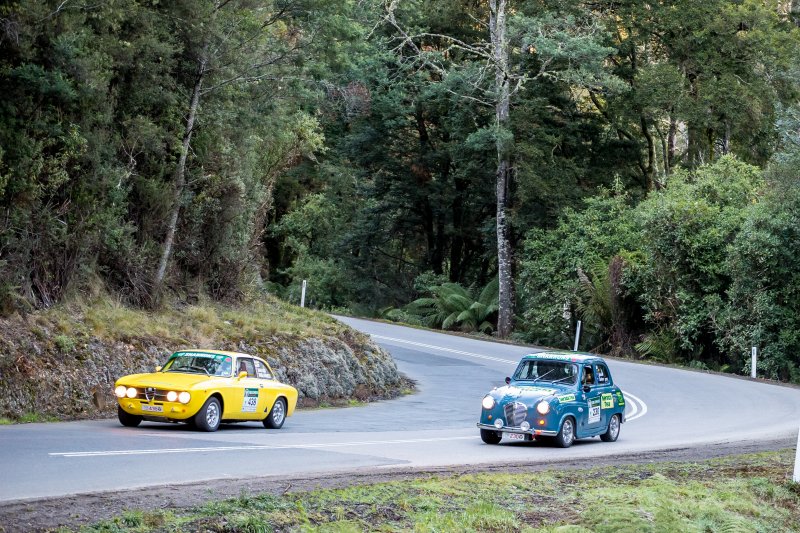 The Ogg-Farrell Alfa hare nips past the tortoise Davison A30 which never put a foot wrong