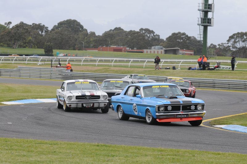 Rod \'Hot Chicken\' Hotchkin leads Darrin Davies\' ex-John Mann Mustang on to the straight
