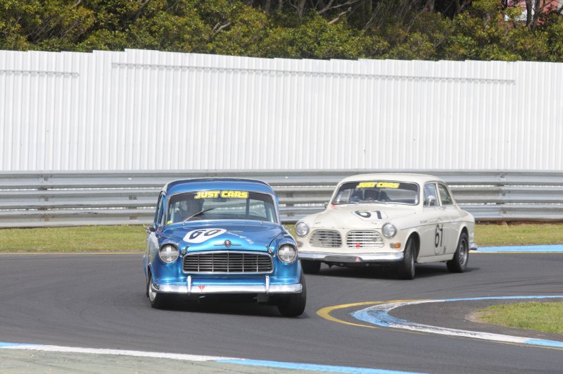 The newly rebuilt Volvo Amazon of Mick Stupka chases Eddie Dobbs