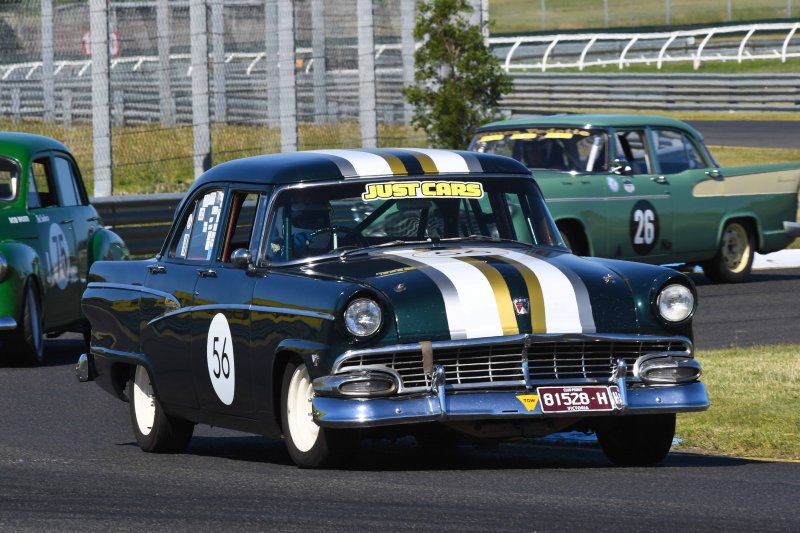 The oldies at play, Derek McLaughlan's Customline, Wood's 48-215 Holden and Vince Parisi's Simca Vedette