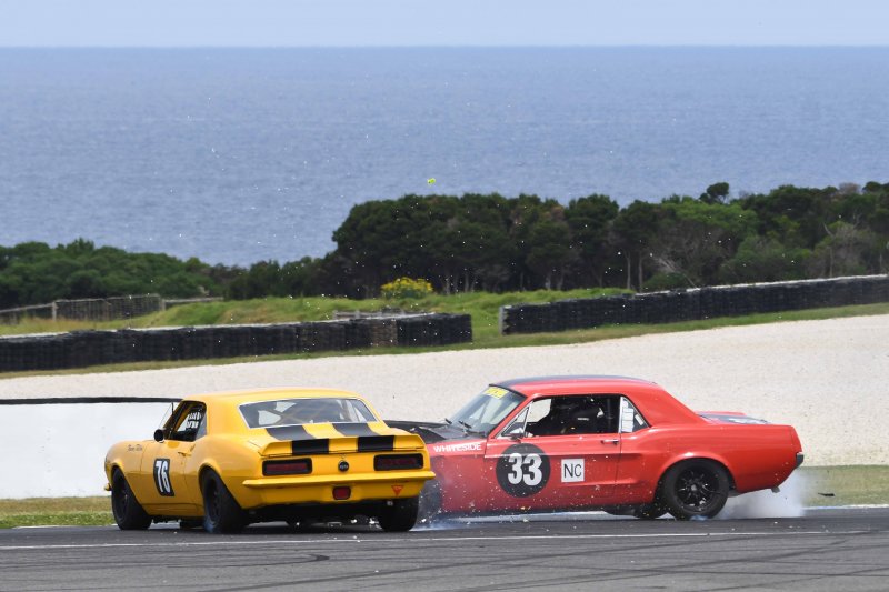 A tiny touch turned Andrew Whiteside's Mustang into a grass sled down into Honda and Trevor Talbot's Camaro