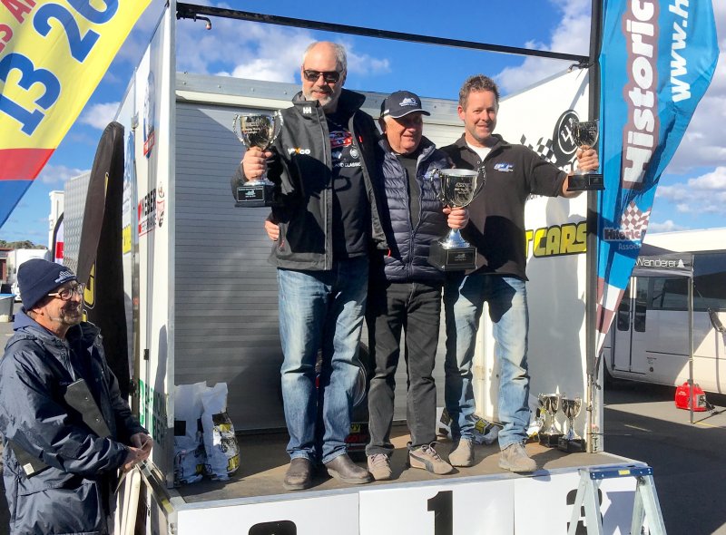 Sandown Just Cars podium. Andrew Whiteside (L) 2nd, winner Les Walmsley, 3rd Darren Collins.