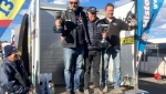 Sandown Just Cars podium. Andrew Whiteside (L) 2nd, winner Les Walmsley, 3rd Darren Collins.