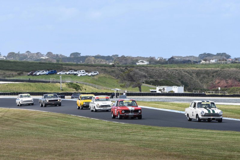 Racing-was-strong-down-the-field-Don-Knight_s-Cortina-Brown_s-2002-George_s-Lotus-Buggee_s-Fiat-Dahlstrom_s-Charger-and-Brown_s-Cortina.-Phil-Wisewould-photo-