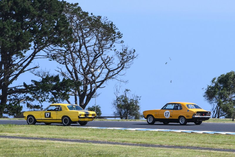 Special-R1-warm-up-lap.-Chris-Ralph-and-Leo-Tobin-led-the-field-in-two-Alan-McKelvie-No.-17-cars-to-celebrate-his-racing-life.-Phil-Wisewould-photo
